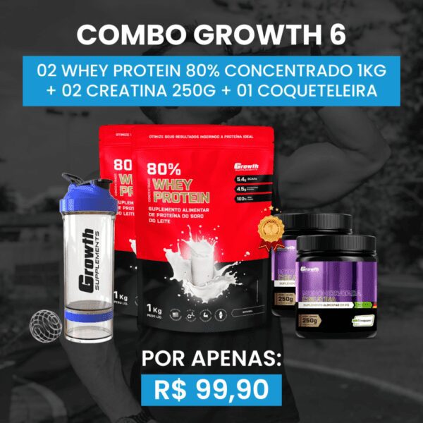 [COMBO 6] 02 WHEY PROTEIN 80% CONCENTRADO 1KG + 02 CREATINA MONOHIDRATADA 250G + 01 COQUETELEIRA